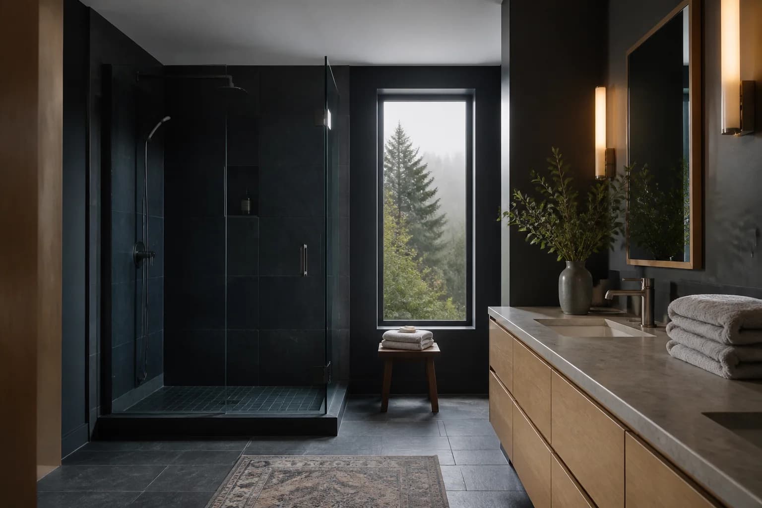 An immaculate slate and oak bathroom with a glass shower