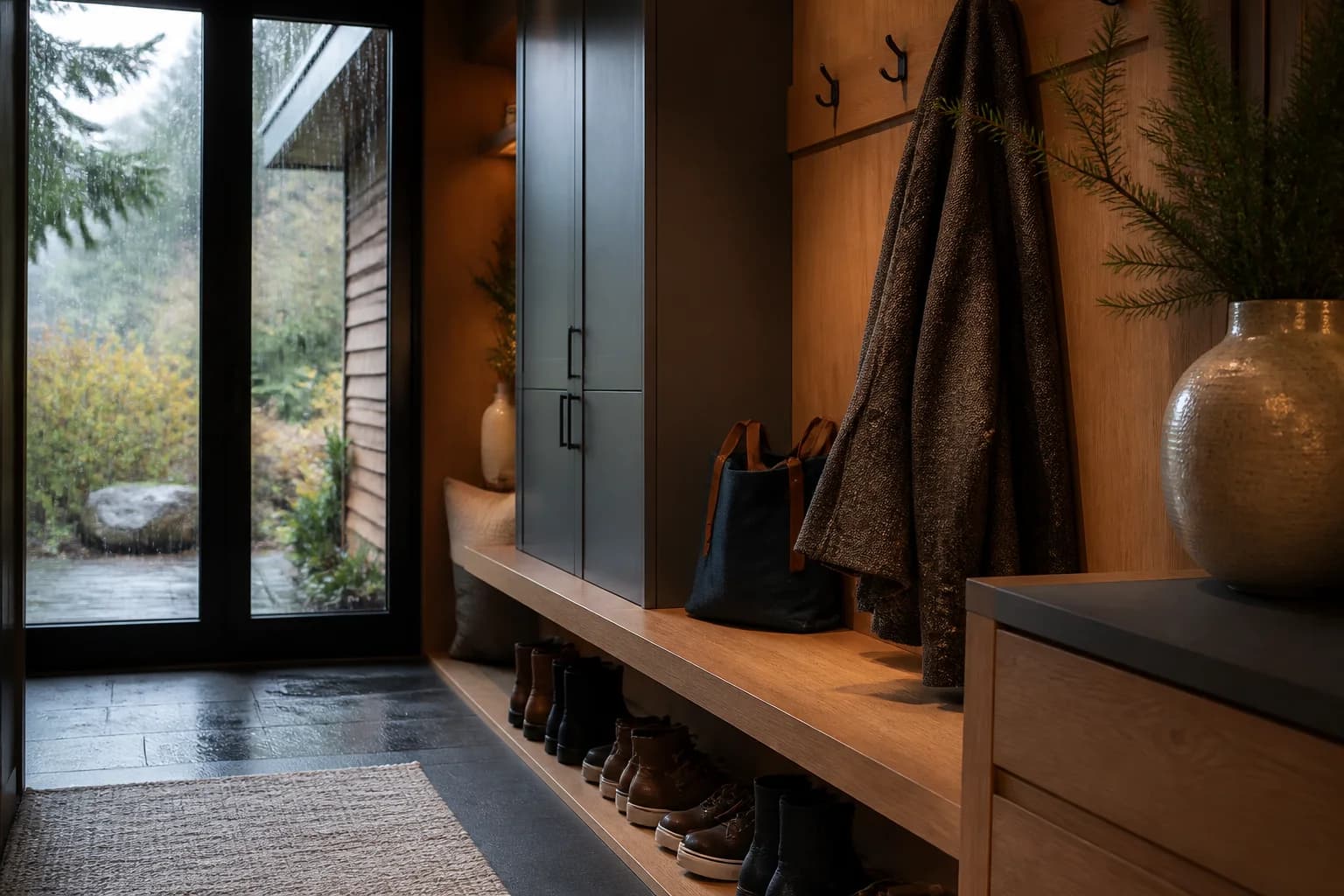 An orderly cedar and slate entryway looking out into the rain