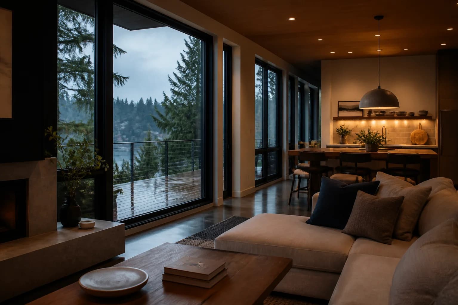 A warm, cared-for Pacific Northwest home overlooking rainy evergreens