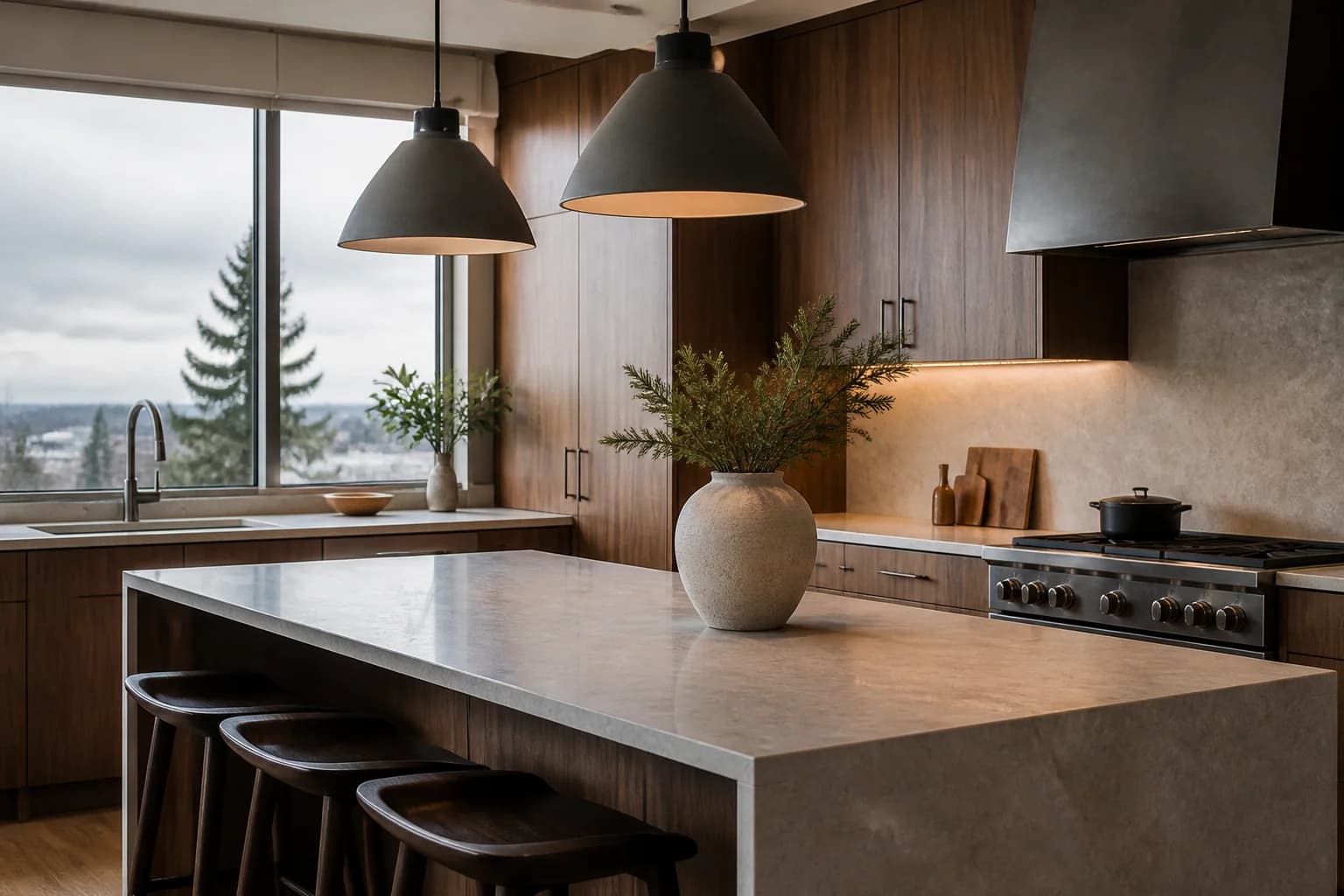 A clean modern kitchen with walnut cabinets and stone surfaces