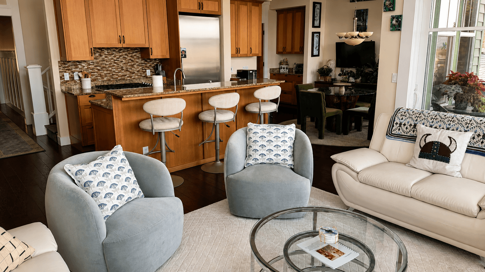 A real West Seattle kitchen and living room after a detailed residential cleaning