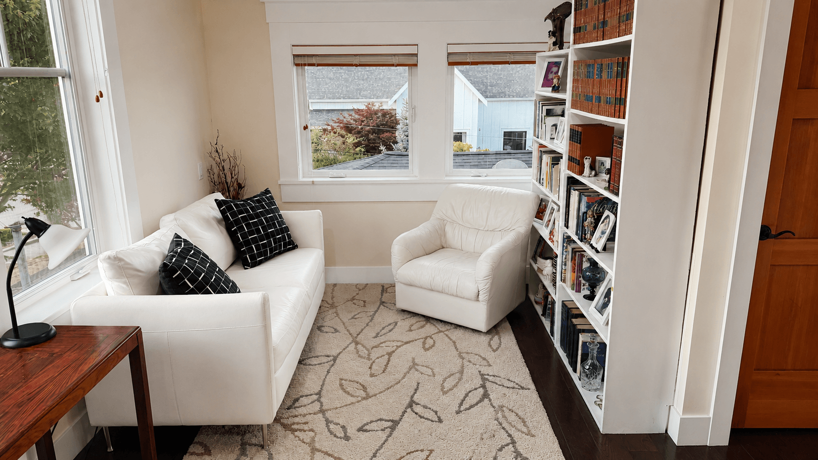 A bright reading nook after furniture, linens, and floors were reset